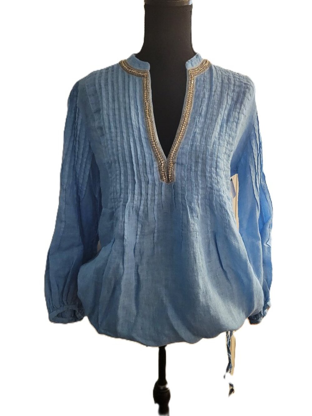 NWT! 120% Lino Medium Blue Beaded Linen Blouse - 42 (S)